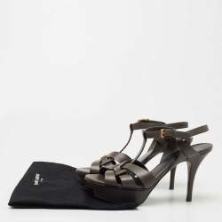 Pre Owned Saint Laurent Grey Leather Tribute Sandals Size 37