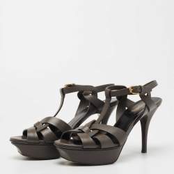Pre Owned Saint Laurent Grey Leather Tribute Sandals Size 37