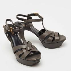 Pre Owned Saint Laurent Grey Leather Tribute Sandals Size 37
