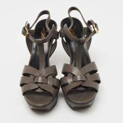 Pre Owned Saint Laurent Grey Leather Tribute Sandals Size 37