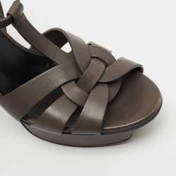 Pre Owned Saint Laurent Grey Leather Tribute Sandals Size 37