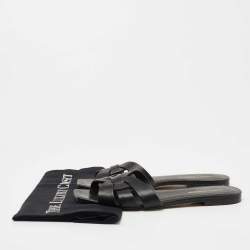 Saint Laurent Black Leather Tribute Flat Slides Size 38