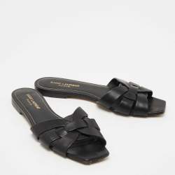 Saint Laurent Black Leather Tribute Flat Slides Size 38