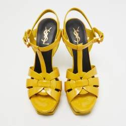 Pre Owned Saint Laurent Mustard Patent Leather Tribute Sandals Size 39