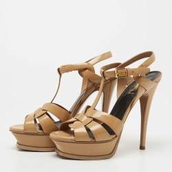 Pre Owned Saint Laurent Beige Patent Leather Tribute Sandals Size 37.5