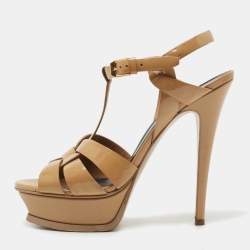Pre Owned Saint Laurent Beige Patent Leather Tribute Sandals Size 37.5