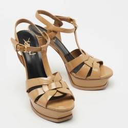 Pre Owned Saint Laurent Beige Patent Leather Tribute Sandals Size 37.5