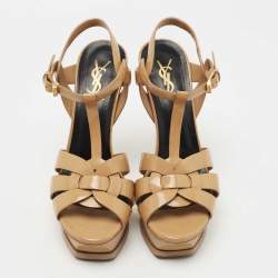 Pre Owned Saint Laurent Beige Patent Leather Tribute Sandals Size 37.5