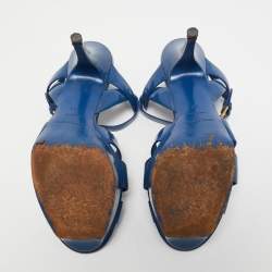 Pre Owned Saint Laurent Blue Patent Leather Tribute Sandals Size 38