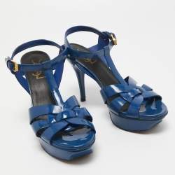 Pre Owned Saint Laurent Blue Patent Leather Tribute Sandals Size 38