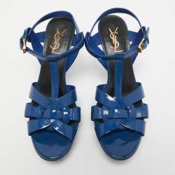 Pre Owned Saint Laurent Blue Patent Leather Tribute Sandals Size 38