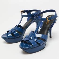 Pre Owned Saint Laurent Blue Patent Leather Tribute Sandals Size 38