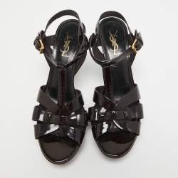 Pre Owned Saint Laurent Paris Burgundy Patent Leather Tribute Sandals Size 38