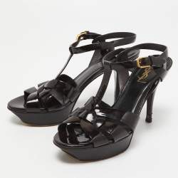 Pre Owned Saint Laurent Paris Burgundy Patent Leather Tribute Sandals Size 38