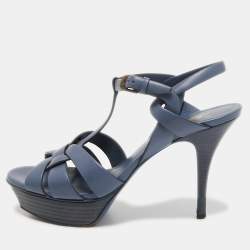 Pre Owned Saint Laurent Blue Leather Tribute Sandals Size 39