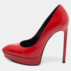 Pre Owned Saint Laurent Red Textured Leather Janis Pumps Size 35