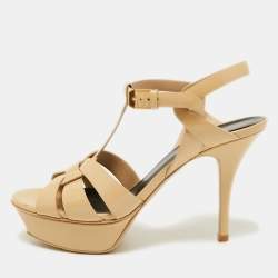 Pre Owned Saint Laurent Beige Patent Leather Tribute Sandals Size 36.5
