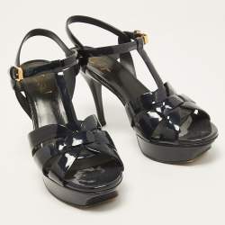 Pre Owned Saint Laurent Navy Blue Patent Leather Tribute Sandals Size 39