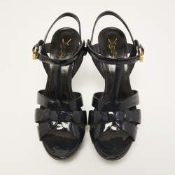 Pre Owned Saint Laurent Navy Blue Patent Leather Tribute Sandals Size 39