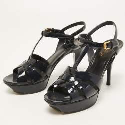 Pre Owned Saint Laurent Navy Blue Patent Leather Tribute Sandals Size 39