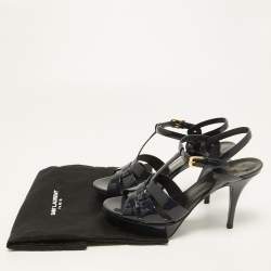 Pre Owned Saint Laurent Navy Blue Patent Leather Tribute Sandals Size 39