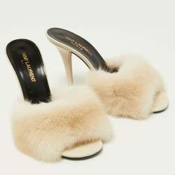 Saint Laurent Off White Mink Fur Roy Slide Sandals Size 36.5