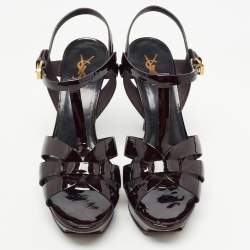 Saint Laurent Paris Burgundy Patent Leather Tribute Sandals Size 41