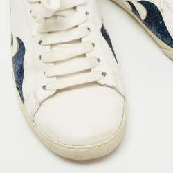 Pre Owned Saint Laurent Paris White/Blue Glitter and Leather Lace Up Sneakers Size 37