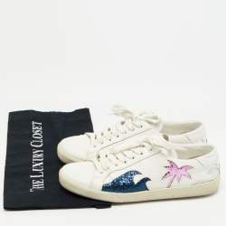 Pre Owned Saint Laurent Paris White/Blue Glitter and Leather Lace Up Sneakers Size 37