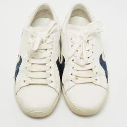 Pre Owned Saint Laurent Paris White/Blue Glitter and Leather Lace Up Sneakers Size 37