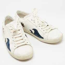 Pre Owned Saint Laurent Paris White/Blue Glitter and Leather Lace Up Sneakers Size 37