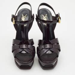 Pre Owned Saint Laurent Burgundy Patent Leather Tribute Sandals Size 36