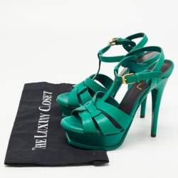 Pre Owned Saint Laurent Green Leather Tribute Sandals Size 35