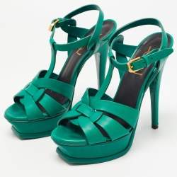 Pre Owned Saint Laurent Green Leather Tribute Sandals Size 35