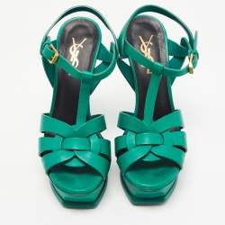 Pre Owned Saint Laurent Green Leather Tribute Sandals Size 35