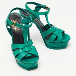 Pre Owned Saint Laurent Green Leather Tribute Sandals Size 35