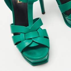 Pre Owned Saint Laurent Green Leather Tribute Sandals Size 35