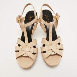 Pre Owned Saint Laurent Beige Croc Embossed Leather Tribute Sandals Size 40