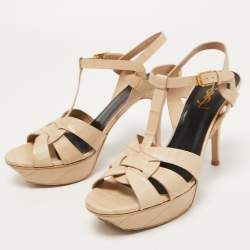 Pre Owned Saint Laurent Beige Croc Embossed Leather Tribute Sandals Size 40