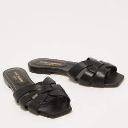 Saint Laurent Black Leather Tribute  Flat Slides Size 36