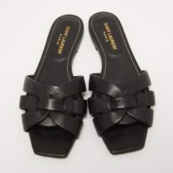 Saint Laurent Black Leather Tribute  Flat Slides Size 36