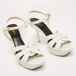 Pre Owned Saint Laurent White Lizard Embossed Leather Tribute Sandals Size 40.5