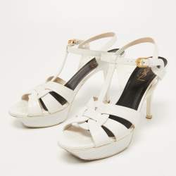 Pre Owned Saint Laurent White Lizard Embossed Leather Tribute Sandals Size 40.5