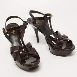 Saint Laurent Burgundy Patent Leather Tribute Sandals Size 41