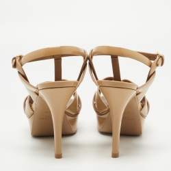 Pre Owned Saint Laurent Paris Beige Patent Leather Tribute Sandals Size 36
