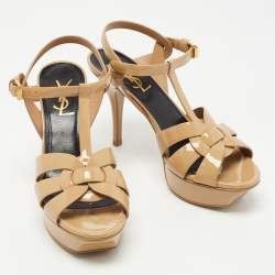 Pre Owned Saint Laurent Paris Beige Patent Leather Tribute Sandals Size 36