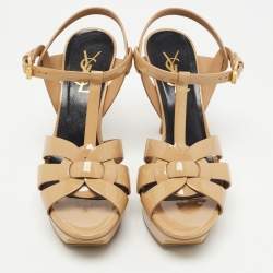 Pre Owned Saint Laurent Paris Beige Patent Leather Tribute Sandals Size 36