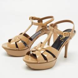 Pre Owned Saint Laurent Paris Beige Patent Leather Tribute Sandals Size 36