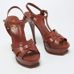 Pre Owned Saint Laurent Brown Leather Tribute Sandals Size 39