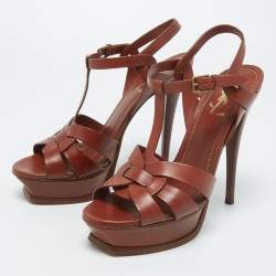 Pre Owned Saint Laurent Brown Leather Tribute Sandals Size 39